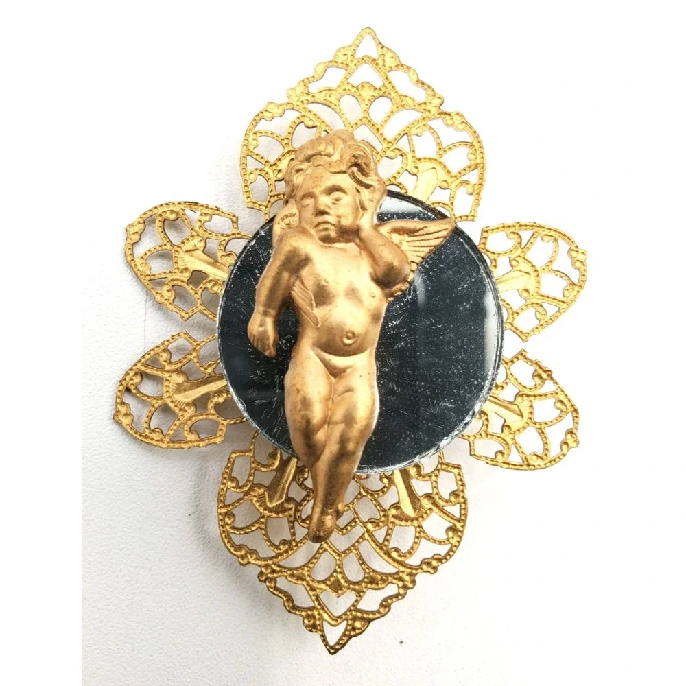 Vintage Cherub Mirror Brooch Gold Tone Filigree Putti Angel Victorian Revival